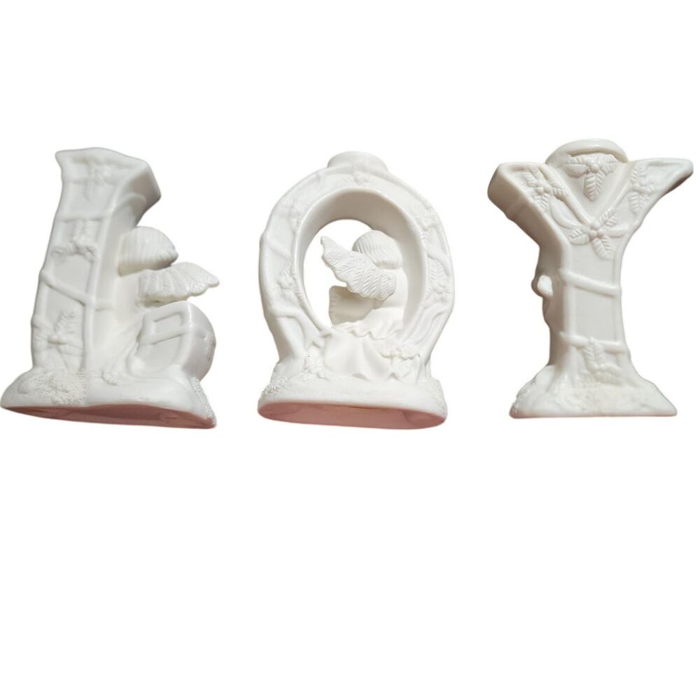 Set of 3 Angel Cherubs White Bisque Porcelain Christmas JOY Candle Holder - Picture 8 of 9